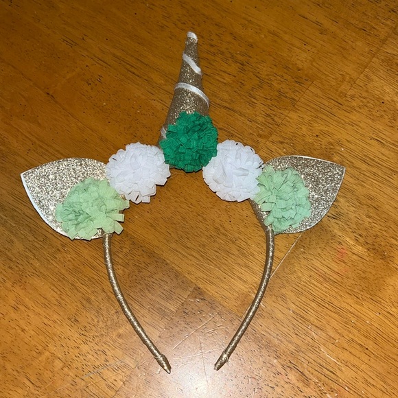 Gold Glitter Unicorn Headband With Green and White Pom Poms - Picture 1 of 16